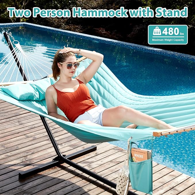 Two Person Hammock with Stand for Outside Heavy Duty, Outdoor Patio Hammock with Portable Steel Stand, Large Double Hammocks,480lbs Capacity.(Aruba)