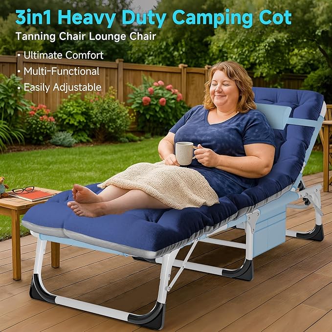 ABORON 3 in 1 Sun Tanning Chair Oversized with Mat&Face Arm Hole, Heavy Duty Folding Chaise Lounge Chairs, 5-Position Outdoor Lounge Chair/Pillow, for Beach, Pool, Lawn, Yard, Patio