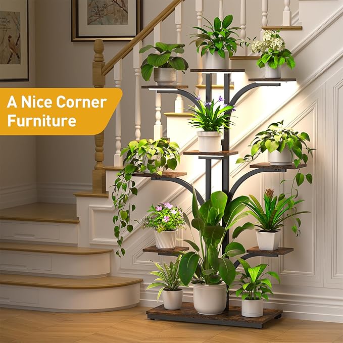 ikkle Plant Stand Indoor with Grow Lights, 64" Tall Plant Shelf, 9 Tiered Corner Plant Shelves for Indoor Plants Multiple, Large Flower Display Holder, Tree-Shaped Plant Rack for Home, Living Room, Patio Decor