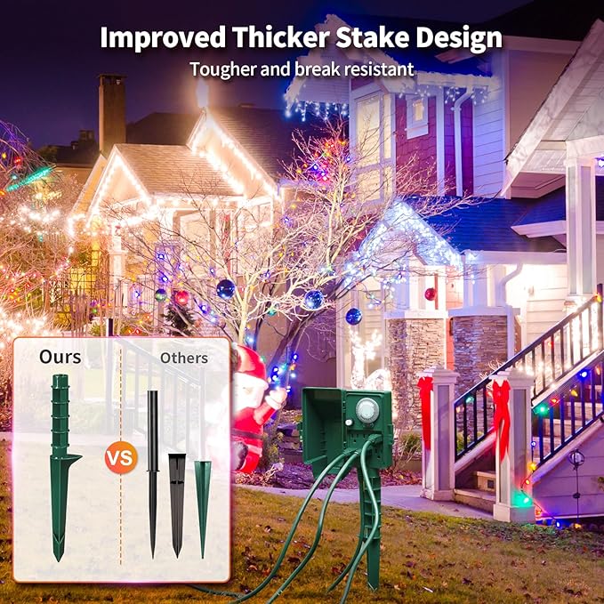 SURAIELEC Outdoor Power Stake, 24-Hour Mechanical Light Timer, Electrical Power Strip Weatherproof, 6FT Extension Cord Multiple Outlet Plug for Patio Lights, Christmas Decorations, Outdoor Light