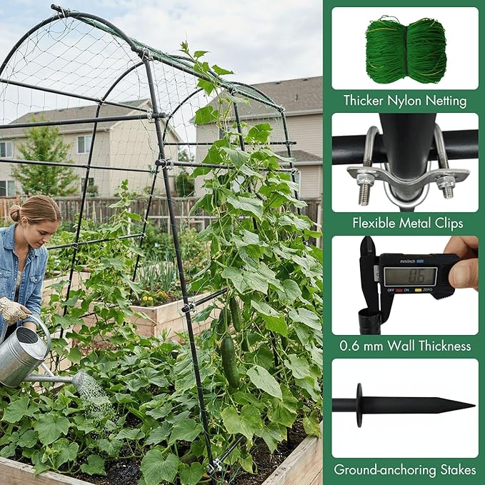 7ft Garden Arch Trellis for Climbing Plants Outdoor-Heavy Duty Metal Cucumber Trellis for Raised Beds- Tall Steel Vegetable Arbor with Strong Bolt Assembly & Outdoor-Ready Stakes