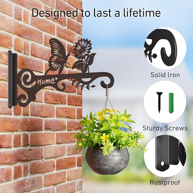 Metal Plant Hooks (2-Pack) - Decorative Wall Hangers with Butterfly Design for Indoor & Outdoor Use - Hanging Brackets for Plants, Flower Baskets, Bird Feeders, Lanterns - Patio, Garden, Home Decor