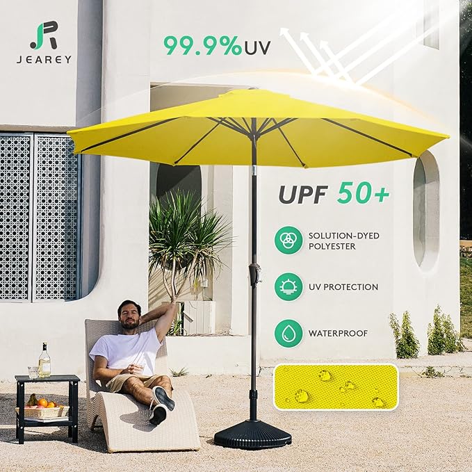 JEAREY 9FT Outdoor Patio Umbrella Outdoor Table Umbrella with Push Button Tilt and Crank, Market Umbrella 8 Sturdy Ribs UV Protection Waterproof for Garden, Deck, Backyard, Pool (Yellow)