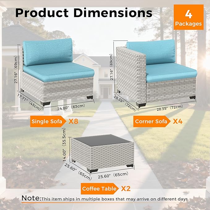 12-Seat Modular Patio Furniture Set – Outdoor Wicker Sectional Sofa with Thick 4″ Cushions, Dual-Strand PE Rattan, Rust-Resistant 18 mm Steel Frame, Backyard Garden Deck Lounge,Blue