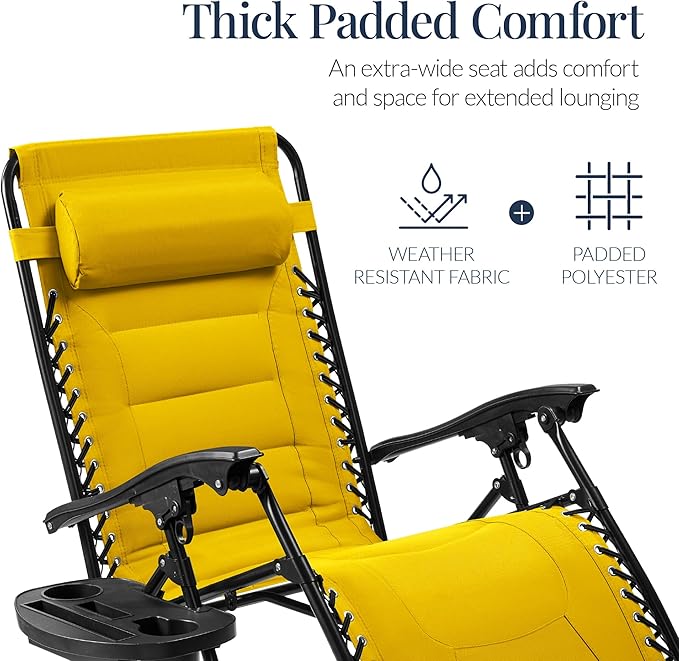 Best Choice Products Oversized Padded Zero Gravity Chair, Folding Outdoor Patio Recliner, XL Anti Gravity Lounger for Backyard w/Headrest, Cup Holder, Side Tray, Polyester Mesh - Yellow