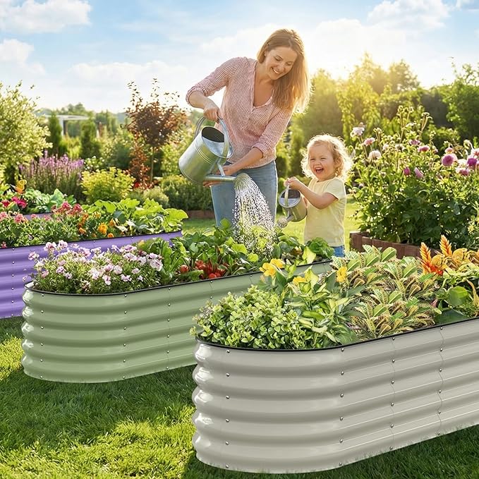 Kesfitt Raised Garden Bed, Metal Galvanized Steel Oval Garden Bed 8x2x1.5 ft with 18-Inch Deep Open-Bottom Design for Outdoor Vegetable Gardening, Midnight Blue