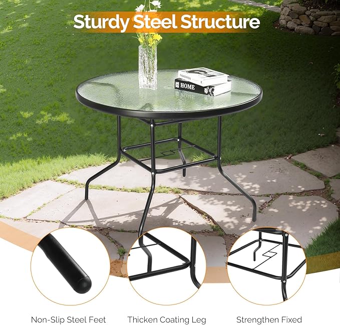 VINGLI Round Patio Table with Umbrella Hole, 40" Outdoor Dining Table Steel Tempered Glass Patio Tables Round Outdoor Tables for Balcony Garden Deck