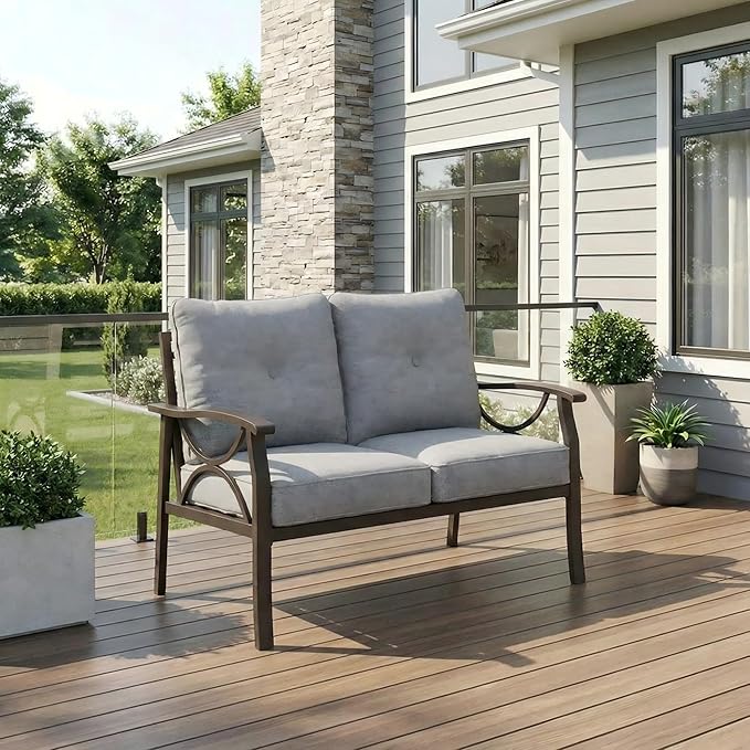 RoyalCraft Patio Loveseat, All-Weather Outdoor 2 Seats Sofa Couch,Khaki Metal Furniture with Gray Cushions