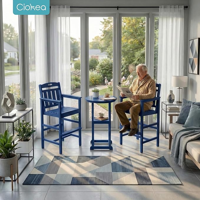 Ciokea 3-Pcs Bistro Table and Chairs, All-Weather Round High Top Bar Table with Storage Shelf and 2 Oversized Adirondack Chairs, Heavy Duty Outdoor Bar Patio Bistro Set for Balcony Deck, Navy Blue