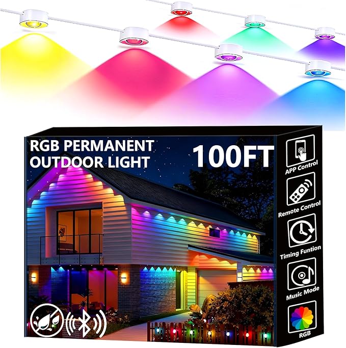 Permanent Outdoor Lights, 100ft Smart Eave Lights with RGB LED Light, IP67 Waterproof, App Control, DIY RGB Light for House Halloween Decorations