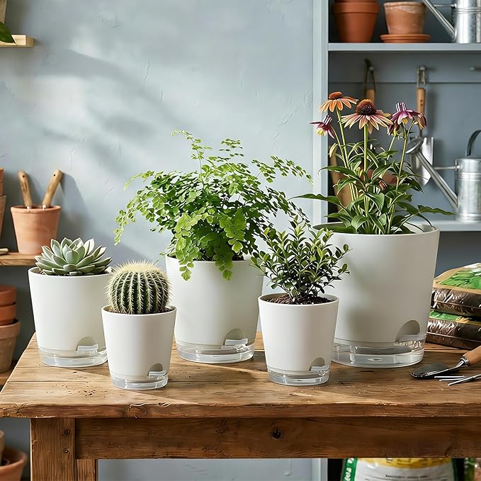 GARDIFE 2026 Upgraded Self Watering Plant Pots with Drainage Hole, 8/7/6.5/6/5.5/5/4 Inch Flower Planting Containers for House Plants, African Violet, Flowers, Cactus (White, 8+7+6.5+6+5.5+5+4 inch)