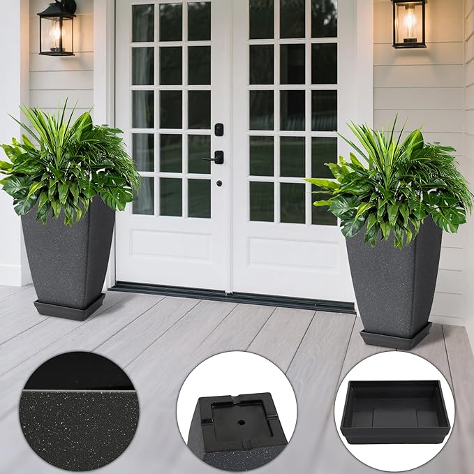 Set of 2 Tall Planter, 21 inch Large Plastic Planter with Drain Hole & Saucers, Large Outdoor Planters for Porch, Garden, Patio, Balcony(Cement Gray)