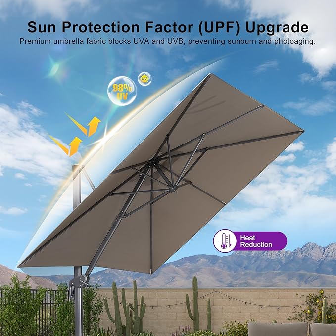 PURPLE LEAF 9' X 11.5' Rectangle Cantilever Umbrella with Base Outdoor Large Aluminum Patio Umbrella with 3-Year Fade Resistance Recycled Fabric and 360-degree Rotation for Deck Pool Garden, Ash Mocha