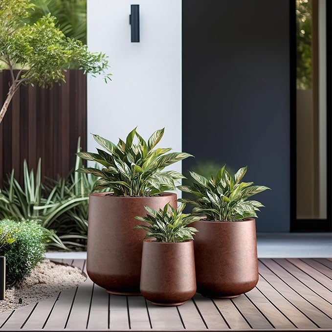 Kante 15.3"+11.6"+8.2" Dia Round Concrete Planter, Large Outdoor Indoor Planter Pots Containers with Drainage Holes and Rubber Plug for Home Garden Patio, Rusty