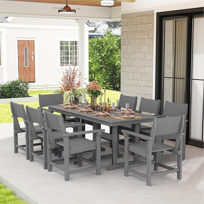 9-Piece Outdoor Dining Set, HDPE Weatherproof Patio Table and Chairs Set for 8, Outdoor Patio Furniture Sets with Umbrella Hole for Outside, Deck, Backyard, Garden (Grey)