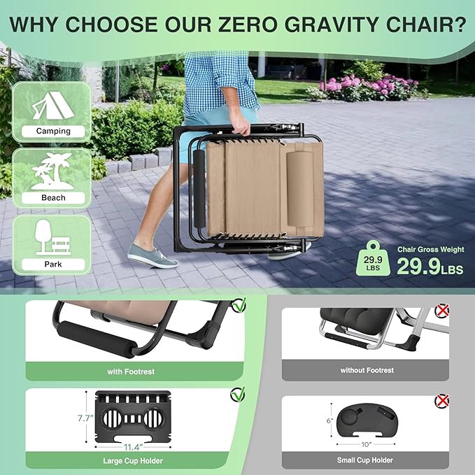 Suteck Oversized Zero Gravity Chair, 29In XL Outdoor Recliner Chair w/Removable Cushion&Headrest, Camping Lounge Chair w/Upgraded Lock&Footrest, Reclining Patio Chairs for Indoor Outdoor,500LBS
