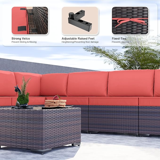 Kullavik 9 Pieces Outdoor Patio Furniture Set PE Wicker Rattan Sectional Sofa Patio Conversation Sets,Red