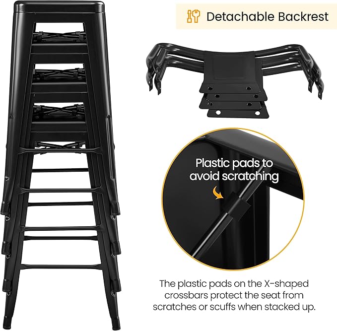 Yaheetech Bar Stools Set of 4, Metal Counter Height Chairs, 30 Inch Industrial Kitchen Stools with Backrest and Footrest for Indoor/Outdoor, Matte Black