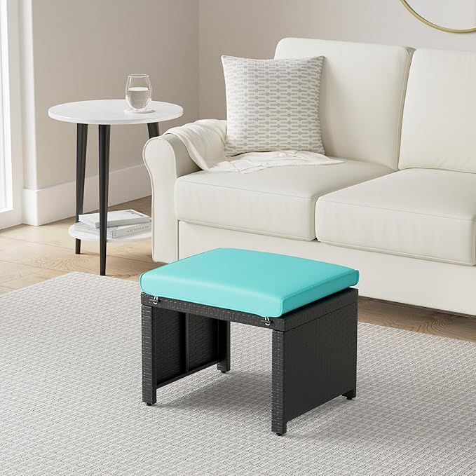 Best Choice Products Set of 2 Wicker Ottomans, Multipurpose Outdoor Furniture for Patio, Backyard, Additional Seating, Footrest, Side Table w/Removable Cushions, Steel Frame - Black/Teal