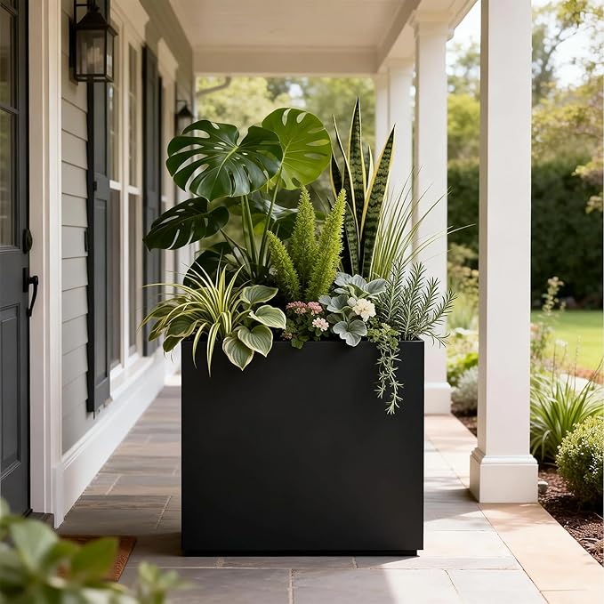 Worth 28" Galvanized Steel Planter Box, Outdoor Rectangular Tall Metal Planter with Insert Shelf & Drainage Holes, Matte Black Standing Plants Box for Patio, Garden, Balcony