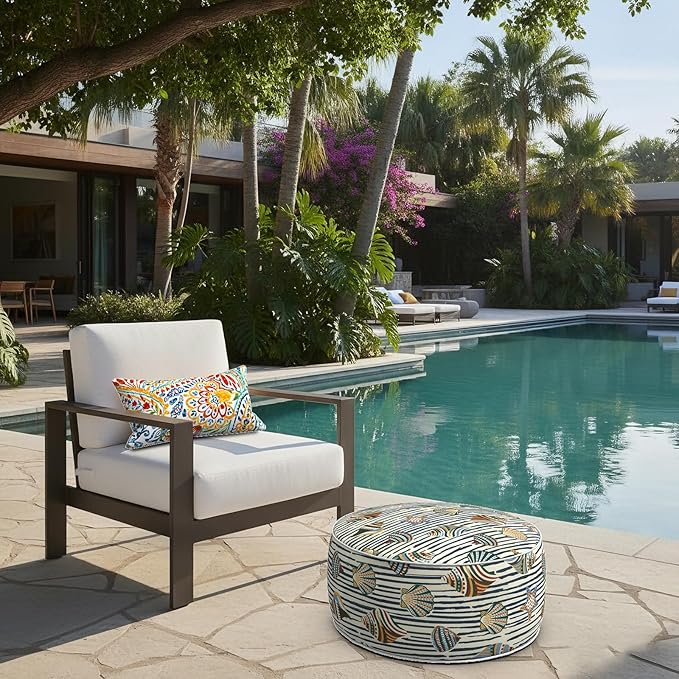 LVTXIII Indoor/Outdoor Inflatable Ottoman with Handle D21 x H9 Inch, Weather-Resistant Round Footstool Pouf for Patio Camping Living Room, Portable Footrest Extra Seating, Cabana Shells