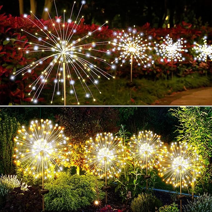 JJGoo Solar Firework Lights, 2 Pack 120 LEDs 2 Lighting Modes Solar Garden Lights Outdoor Waterproof for Yard Patio Walkway Pathway Party Wedding Christmas Decorative - Mixed Color