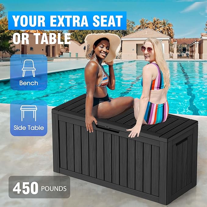 80 Gallon Outdoor Deck Box, Lockable Waterproof Outdoor Storage Boxes For Garden Tools,Indoor Cushions,Accessories Outside Storage Resin Weatherproof Container(Black)