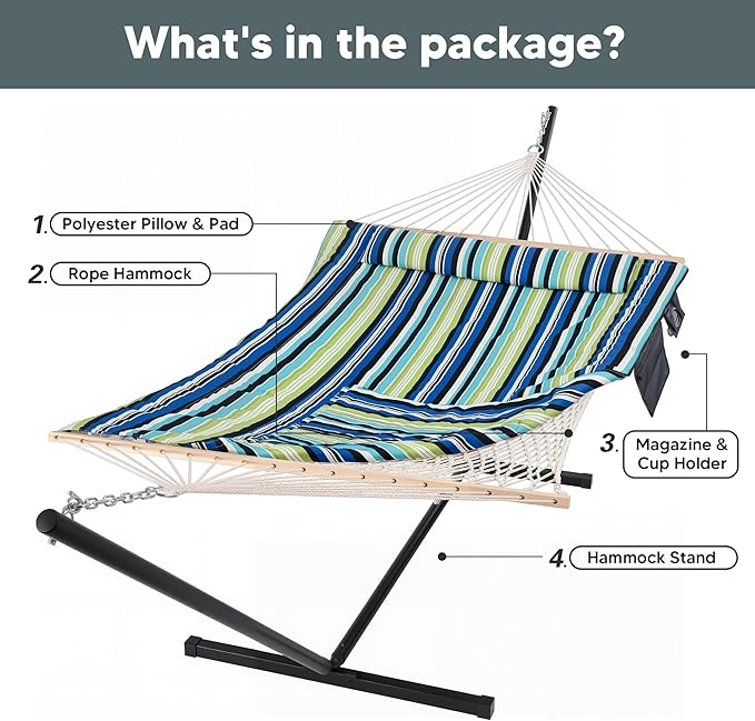 SUNCREAT Hammocks Double Cotton Rope Hammock with Polyester Pad, Heavy Duty Hammock with Steel Stand, Blue&Green