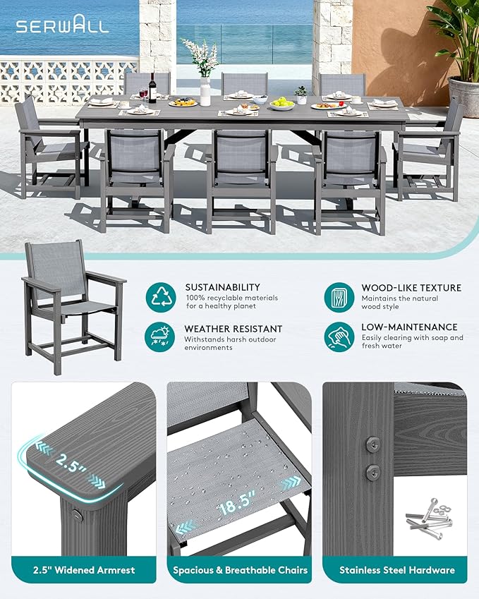 SERWALL 9 Piece Outdoor Dining Set, 84" HDPE Outdoor Large Table and Texilene Chairs for 8，All Weather Patio Dining Furniture Set with Umbrella Hole for Backyard, Garden, Gray