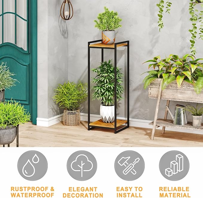 2-Tier Plant Stand Indoor, 34" Tall Modern Plant Shelf Corner Flower Pot Holder Organizer for Living Room Balcony Garden, Rustic Brown