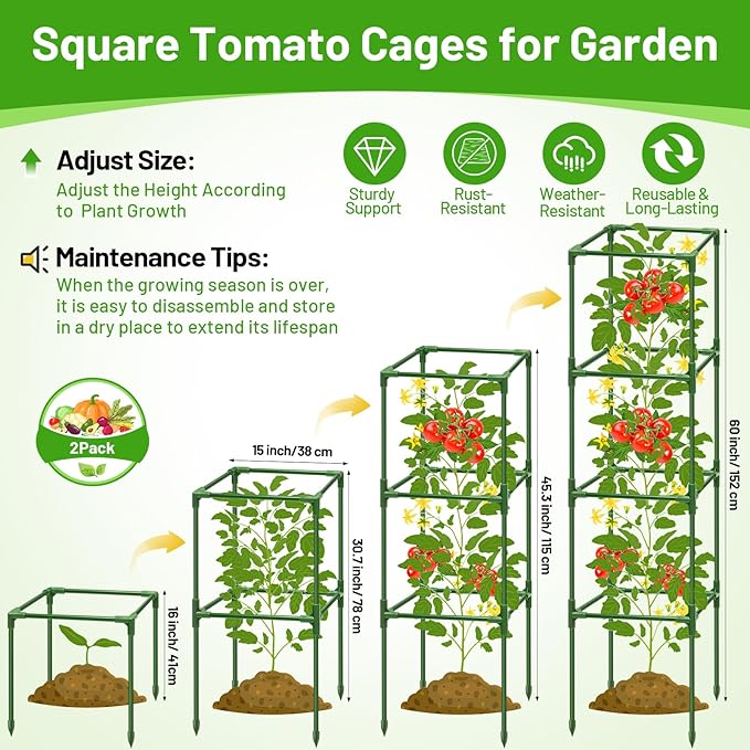 Legigo 2 Pack Square Tomato Cages for Garden- Up to 60 Inch Tomato Plant Support Stakes Cage, Heavy Duty Steel Tomato Trellis Garden Stakes for Raised Garden Bed Climbing Vegetables Cucumbers Flowers
