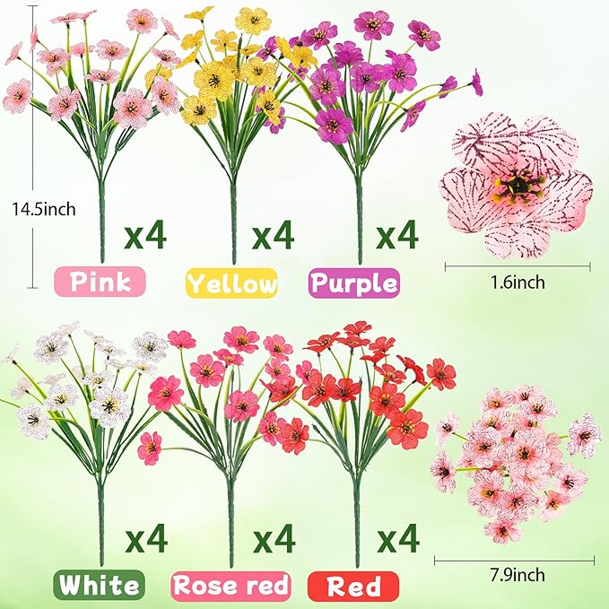 MACTING 24 Bundles Artificial Flowers for Outdoors UV Resistant Fake Flowers Faux Plastic Plants No Fade for Planters Window Patio Porch Home Garden Indoor Outside Spring Decorations(Mix Color-1)