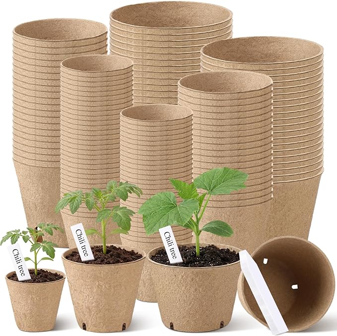 120 Pcs Round Peat Pots 2.4"+3.14"+4" Plant Starter Nursery Pot with Drainage Holes Garden Germination Seedling Pots with 120 Plant Labels for Indoor Outdoor Gardens