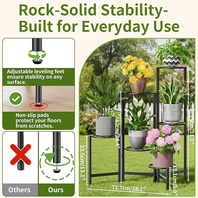 6 Tier Metal Plant Stands Outdoor Indoor, Heavy Duty Flower Pot Holder Potted Display Rack Shelf, Tall Corner Plant Shelf for Patio Garden Balcony Living Room Bedroom -BlackDiamond