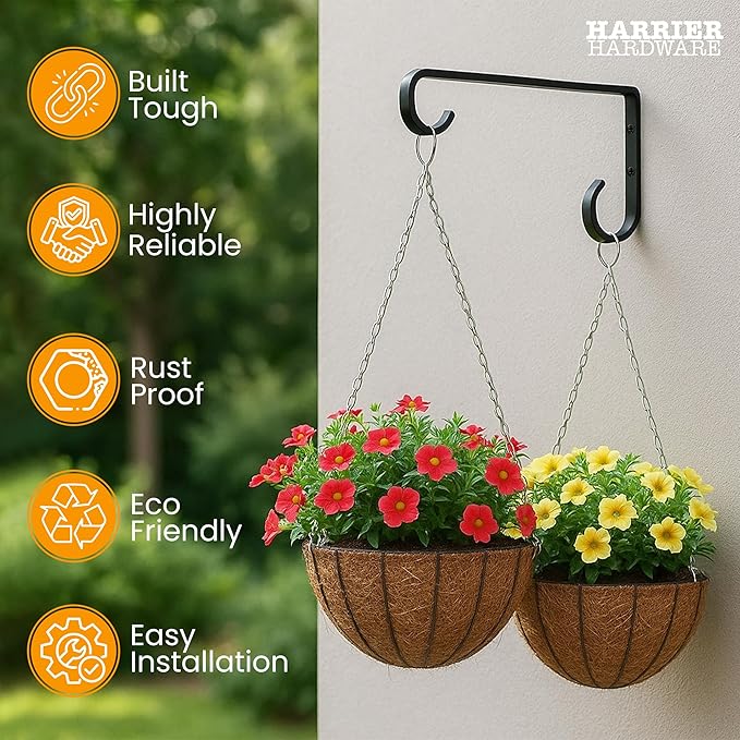 Metal Plant Hangers Outdoor - Wall Mounted Hanging Plant Bracket, 6 Inches, Set of 2, Ideal for Small Plants, Bird Feeders, Wind Chimes (Black)