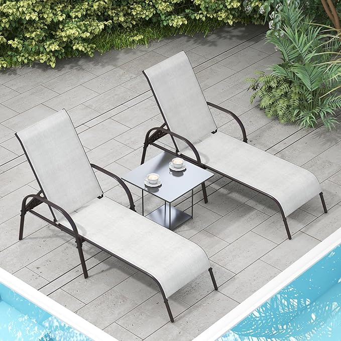 Giantex Set of 2 Patio Lounge Chair, Outdoor Chaise Lounge with 5 Adjustable Backrest, Sturdy Steel Frame, Sunbathing Recliner, Beach Chair, Tanning Chair for Outside, Yard, Balcony, Pool Chairs, Grey