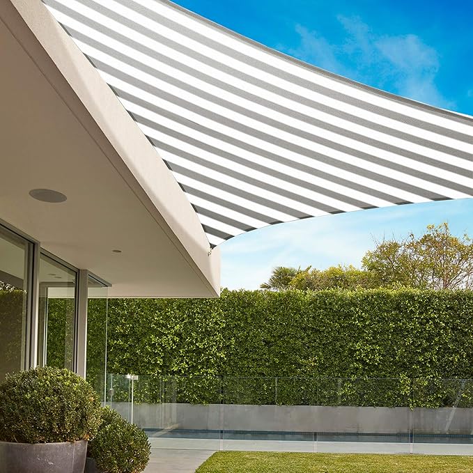 E&K Sunrise 23' x 23' x 23' Sun Shade Sail Triangle Canopy Shade Cover UV Block for Patio Backyard Garden Outdoor (Gray White Strip)