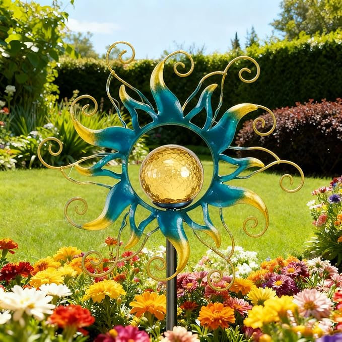 Solar Lights Outdoor Garden Decor, Blue Metal Sun Crackle Glass Globe Stake Waterproof 30LED Decorations Unique Gifts for Women,Mom,Outside, Patio,Lawn,Yard,Pathway