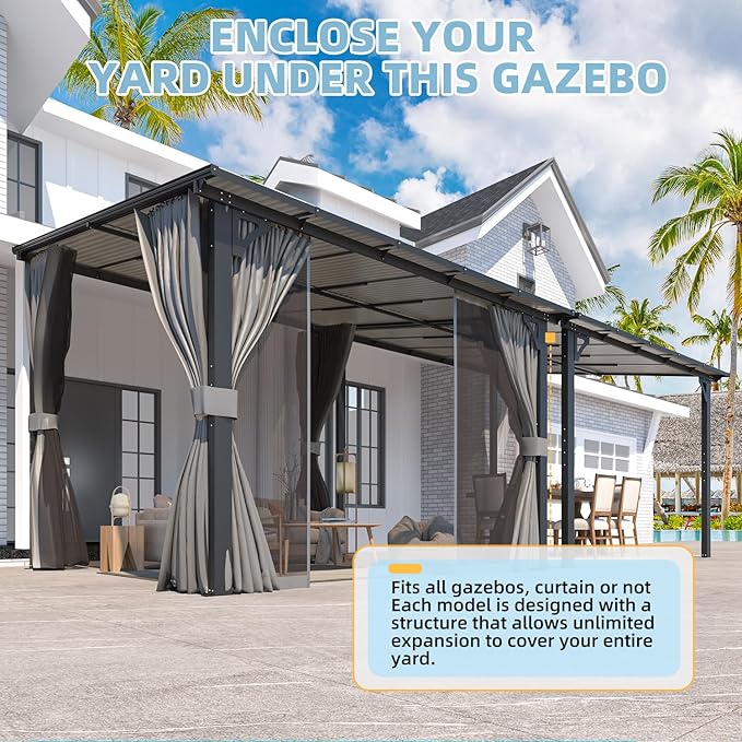 AECOJOY Wall Gazebo 12’ x 10’ with Curtains and Mosquito Netting, 10'x12' Hard Top Gazebos Pergola on Clearance, Outdoor Patio Lean to Gazebo Canopy Awnings for Deck, Porch, Backyard and Outside
