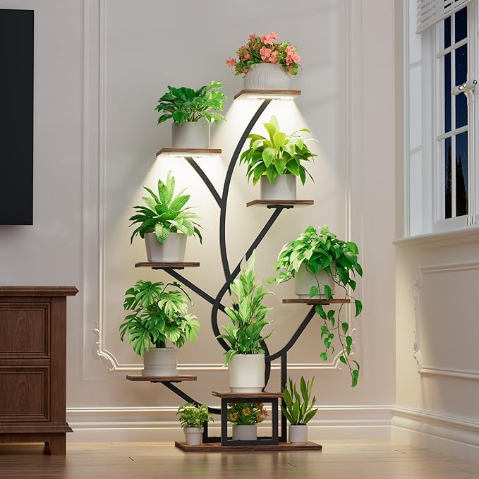 Plant Stand Indoor with Grow Lights - 8 Tiered Corner Plant Shelf Indoor, 50" Tall Lighted Plant Stand for Indoor Multiple Plants, Flower Stands Display Rack Holder for House, Patio, Black