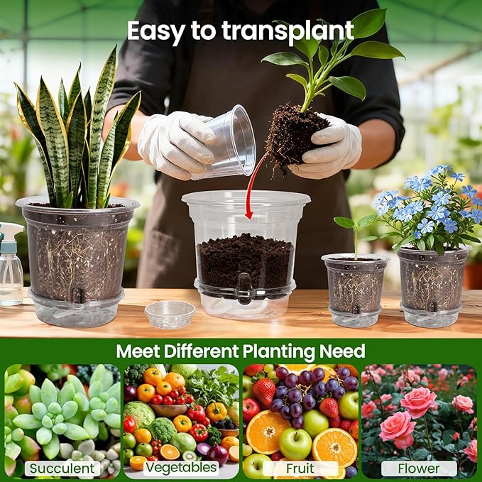 MIXC 18 Packs 6.5/5/4 Inch Self Watering Pots for Indoor Plants - Clear Nursery Plant Pots with Drainage, Deep Visible Reservoir - Flower Planter Outdoor with Wicking Rope