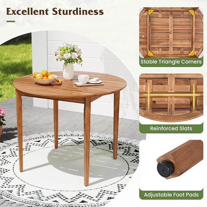 Tangkula 36" Round Outdoor Dining Table for 4, Acacia Wood 4-Person Patio Table with Slatted Tabletop & Adjustable Foot Pads, Indoor Outdoor Dining Furniture for Deck, Garden, Poolside & Backyard