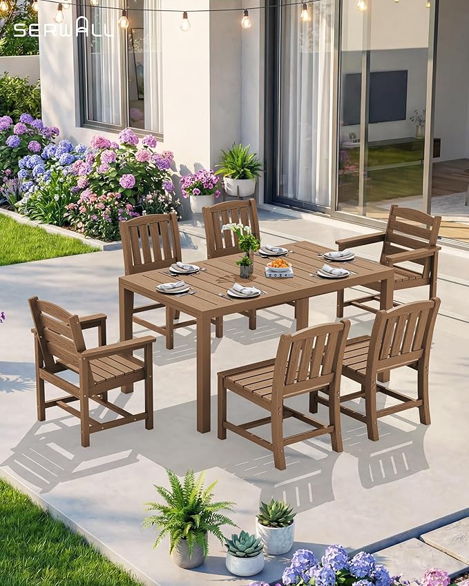 SERWALL Outdoor Expandable Dining Table 60" - 83", Patio Dining Table for 4-10 People, All Weather HDPE and Aluminum Outdoor Furniture for Backyard, Garden, Brown