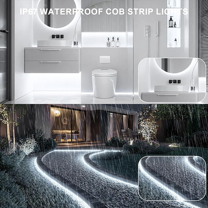 20ft COB Outdoor LED Strip IP67 Waterproof, 6500K Cold Whit DC24V Flexible LED Rope Strips with Remote & App Control Dimmable, DIY Lighting for Indoor, Outdoor, Bedroom, Garden, Patio