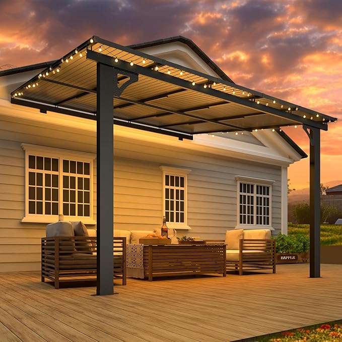 AECOJOY 10' x 10' Adjustable Height Outdoor Gazebo Pergola for Patio, Large Wall-Mounted 6.5-9.8 Ft Hard Top Lean to Metal Heavy Duty Metal Awnings Shelter Pergolas and Gazebos Clearance with Roof