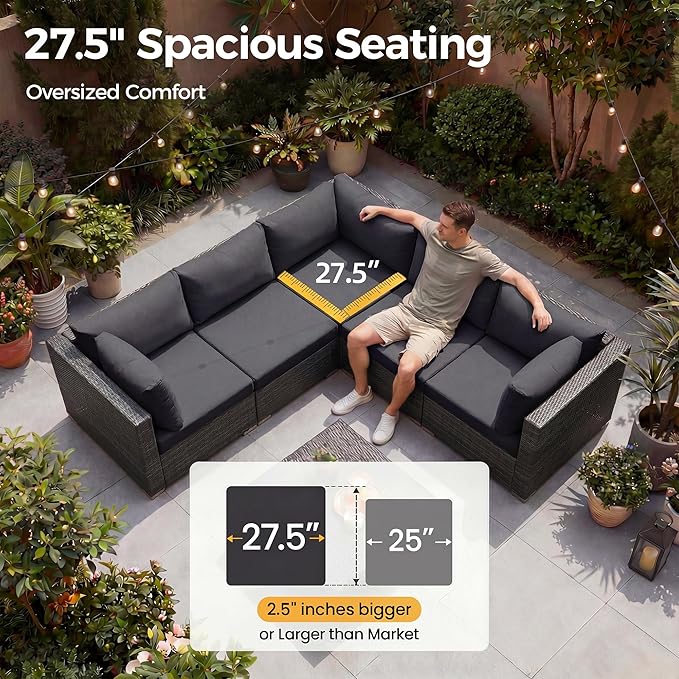NICESOUL 9 Piece Patio Furniture Set with Fire Pit Table Propane/Natural Gas, 29.3'' High Back Extra Large Outdoor Sectional with Firepit & Chaise Lounge, Deep Seated PE Wicker Conversation Set, Gray