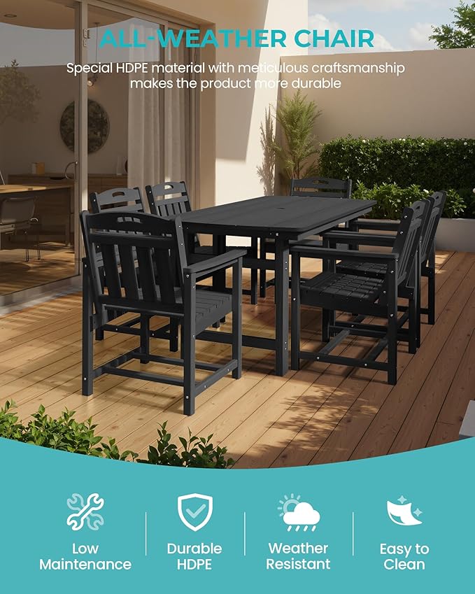 Outdoor Rectangle Dining Table, Heavy-Duty HDPE Table for 6, Weatherproof Patio Table with Umbrella Hole, Rounded Corners for Safety, Black