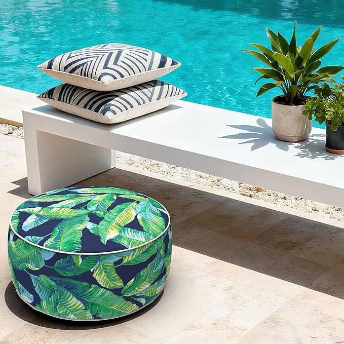 LVTXIII Indoor/Outdoor Inflatable Ottoman with Handle D21 x H9 Inch, Weather-Resistant Round Footstool Pouf for Patio Camping Living Room, Portable Footrest Extra Seating, Hanalei Lagoon