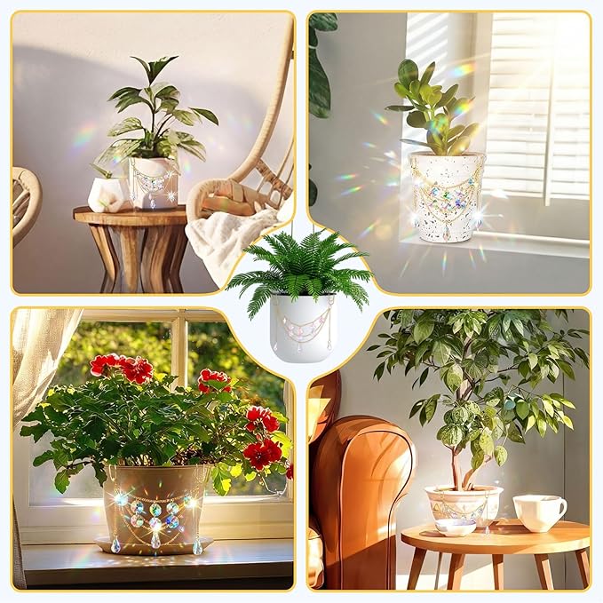 Sun Catcher Plant Hanger with Beads and Glass Crystal Beaded Plant Accessories for Indoor Home Rainbow Decor Pot Accessory(Flower Pot Not Included)(Teardrop)
