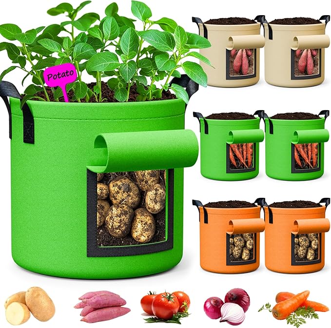 5 Gallon Potato Grow Bags - 6 Pack 350g Heavy Duty Thick Aeration Nonwoven Fabric Pots with Handles, Potatoes Grow Bags 5 Gal with Flap, Garden Bags for Growing Potatoes Plant Vegetables Flower